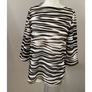 CHICO'S Travelers Collection Top SZ 0 (Small) Jacquard Striped Brown White NWT